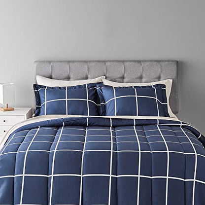 Amazon Basics Lightweight Microfiber Comforter Set with Sheets, 7-Piece, Bed-In-A-Bag, Full/Queen, Navy with Grey Plaid, Machine Washable - color: Navy and Grey Plaid, size: Full/Queen, style: 1-Pack