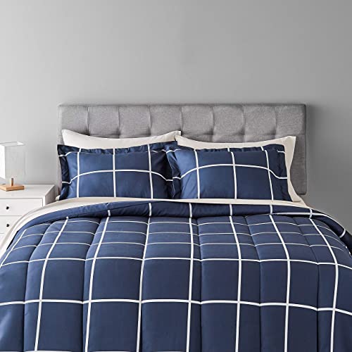 Amazon Basics Lightweight Microfiber Comforter Set with Sheets, 7-Piece, Bed-In-A-Bag, Full/Queen, Navy with Grey Plaid, Machine Washable - color: Navy and Grey Plaid, size: Full/Queen, style: 1-Pack