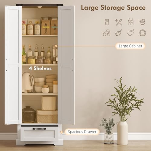 HOMCOM 71" Tall Kitchen Pantry Storage Cabinet Barn Doors Drawer White | Farmhouse, Adjustable Shelves, Freestanding Food Pantry Cabinet, for Kitchen, Dining Room - color: White