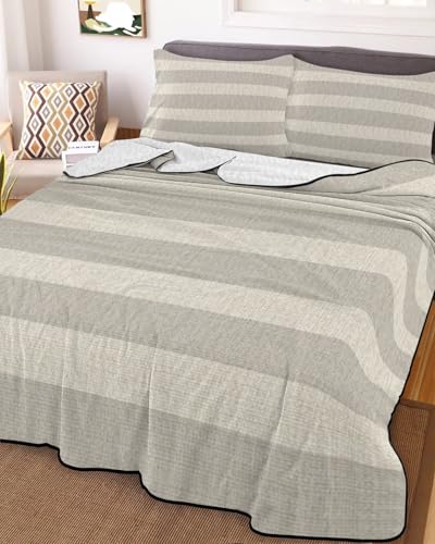 Minimalist Taupe Stripes Full Quilt Bedding Set,Summer Quilt Lightweight Quilted Coverlet with 2 Pillow Shams, Farmhouse Linen Texture 3-Piece Bedspread Quilt Set for All Season - size: Full-78x90in