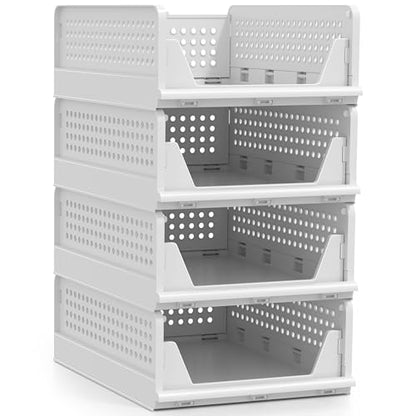Sorbus 4 Pack Folding Closet Shelf Organizer for Clothes, Versatile Stackable Storage Baskets for Closet, Bathroom, Kitchen and Garage with Easy Access Open Front Design, Plastic Organizer Shelves - size: 4 Small
