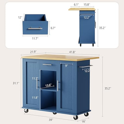 Shintenchi Kitchen Island with Storage, Bar Cart Cabinet Island Table on Wheels, Rolling Microwave Cart for Kitchen with Drop Leaf, Drawers, Towel Rack, Seating Area for Dining Room, Blue - color: Blue-42 Inch