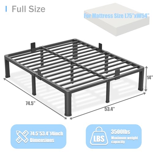 14 inch Full Size Bed Frame with Round Corner Legs Mattress Slide Stopper,3500 lbs Heavy Duty Metal Platform,Steel Slat Support,No Box Spring Needed,Easy Assembly,Noise Free - size: Full, style: 14 inch