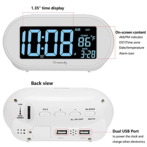 DreamSky Alarm Clocks for Bedrooms, Auto Set Digital Clock with Date & Temp | Electric Desk Clock with Dimmable Brightness Dimmer for Bedside Nightstand, Auto DST, USB Port, Temperature, Snooze - color: White