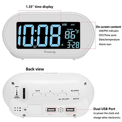 DreamSky Alarm Clocks for Bedrooms, Auto Set Digital Clock with Date & Temp | Electric Desk Clock with Dimmable Brightness Dimmer for Bedside Nightstand, Auto DST, USB Port, Temperature, Snooze - color: White