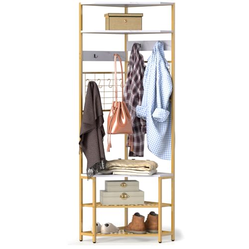 Tangkula Corner Hall Tree with Shoe Bench, 72 Inch Tall Entryway Coat Rack with 5 Wooden Storage Shelves, 12 Hooks, Freestanding Metal Corner Clothes Rack for Bedroom Hallway Living Room - color: White & Gold