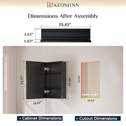 Keonjinn Black Medicine Cabinet Mirror 16 x 24, Stepless Adjustable Shelves | Assembly Needed, Wall-Mounted or Recessed, Lightweight Aluminum, Beveled Framed Bathroom Mirror with Storage, Tempered Glass - color: Black, size: 16x24 In