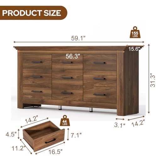 9 Drawer Dresser for Bedroom, Wood Dresser Chests of Drawers with Metal Handle, Triple Wide Dressers, Vintage Design Storage Chest Cabinet and Organizer Drawers for Closet, Hallway, Entryway, Walnut - color: Walnut, size: 15.6"D x 59.1"W x 31.3"H (9 Drawe