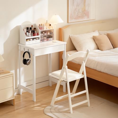 Haotian Small Desk with Drawers, Mini Writing Table, Vanity Table Computer Workstation Children Teenagers Desk with Hooks, White FWT43-W