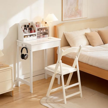 Haotian Small Desk with Drawers, Mini Writing Table, Vanity Table Computer Workstation Children Teenagers Desk with Hooks, White FWT43-W