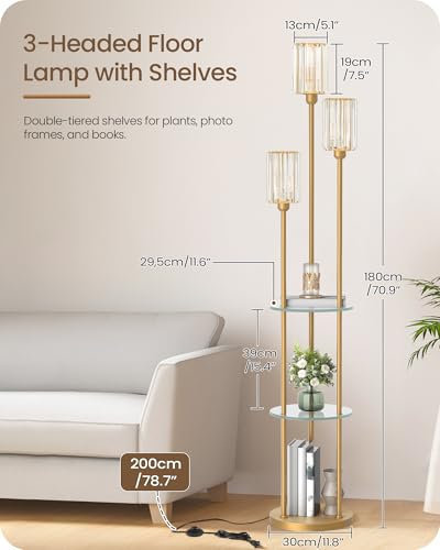 Gold Floor Lamp with Shelves, Modern Floor Lamp with 3 Crystal Shades and Foot Switch, 3-Light Standing Lamp with 3 Shelves, for Living Room, Bedroom, Study, Office, Gold D53LD05 - color: Gold + Crystal Glass