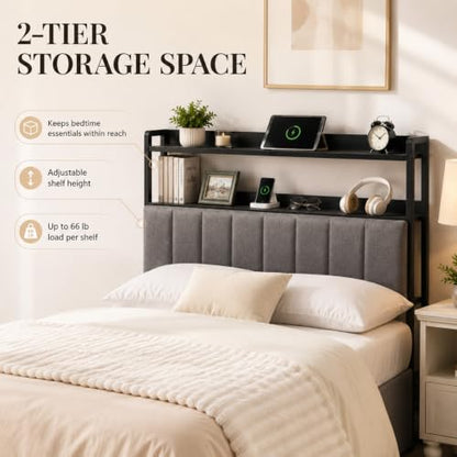 Upholstered Queen Headboard with Storage and USB (Queen (U.S. Standard)) | bedroom dorm apartment, soft vertical panel, adjustable height, LED Light, bed frame adapters, queen size headboard only - size: Queen (U.S. Standard)