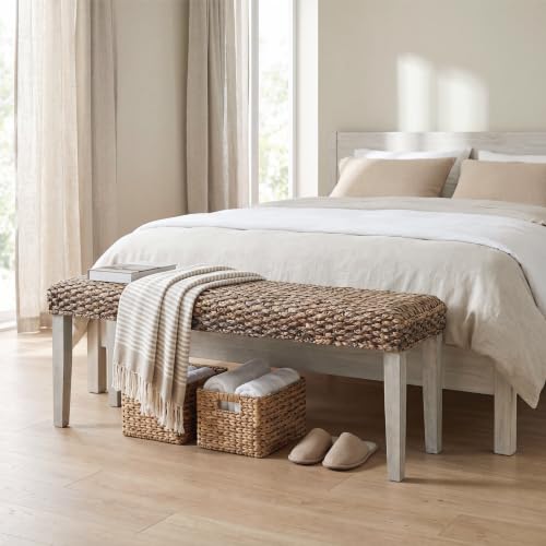 Solid Acacia Wood Bench with Natural Woven Water Hyacinth Seat, Grey Leg | Plait Style, Farmhouse, Rustic, Boho, Coastal for Living Room or Entryway - color: Plait - Grey Leg & Water Hyacinth