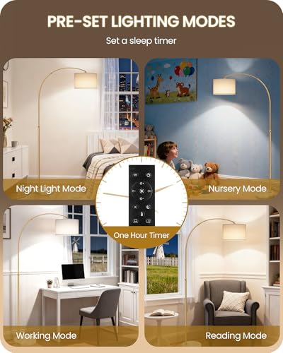 75" Arc Floor Lamp with Marble Base and Adjustable Height, Rotating Hanging Shade, Dimmable Floor Lamp for Living Room with Remote and Foot Switch, 3CCT, Over Couch Arched Light, White Gold DW15LD05 - color: Gold + White