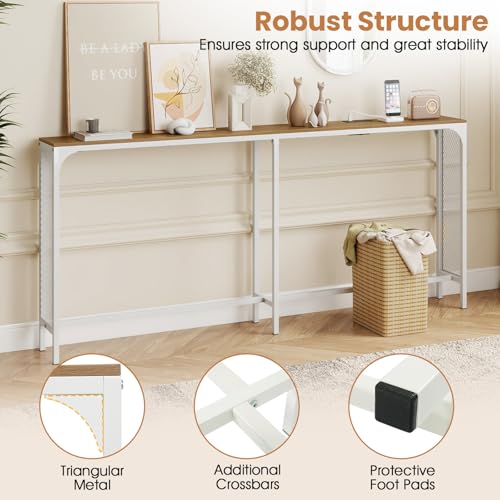 GIANTEX 71" Narrow Console Table with 2 Power Outlets and USB-C Ports | Sofa Table w/ Charging Station & Metal Frame, Skinny Behind Couch Tables, Long Entryway Tables for Living Room, Natural+White - color: Natural + White