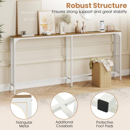 GIANTEX 71" Narrow Console Table with 2 Power Outlets and USB-C Ports | Sofa Table w/ Charging Station & Metal Frame, Skinny Behind Couch Tables, Long Entryway Tables for Living Room, Natural+White - color: Natural + White
