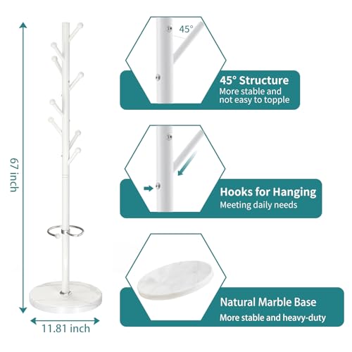 OIRUMIE Coat Rack,Metal Coat Rack Frestanding,White Coat Stand for Entryway | Coat Rack Stand with Marble Base & Umbrella Holder,Modern Coat Hanger Stand,Coat Clothes Tree Stand for Hallway - color: White-8 Hooks