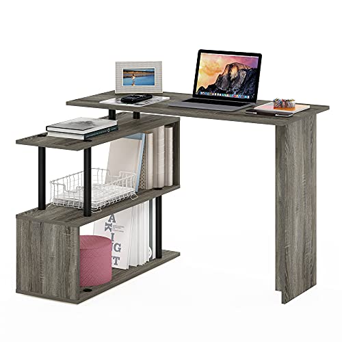 Furinno Moore L-Shape Computer Desk with 3-Tier Shelves, French Oak | L-Shape Gaming Desk, Reversible, Computer Desk, for Home Office, Bedroom - color: French Oak/Black, style: 3-Tier Shelves Desk
