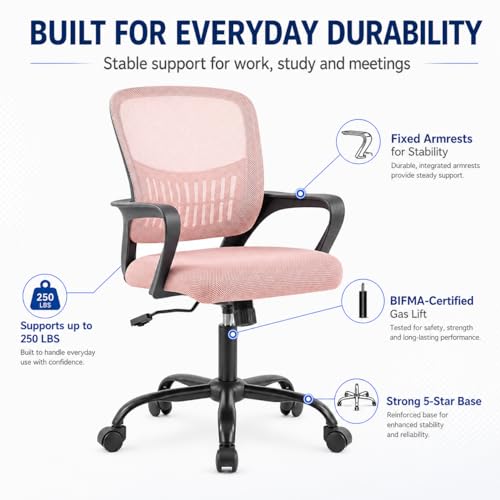 Ergonomic Office Chair, Home Office Desk Chair, Game Chair with Lumbar Support, Breathable Mesh Chairs, Swivel Desk Chairs for Computer, Home, Office, 360° Swivel (Pink) - color: Pink With Fixed Armrest
