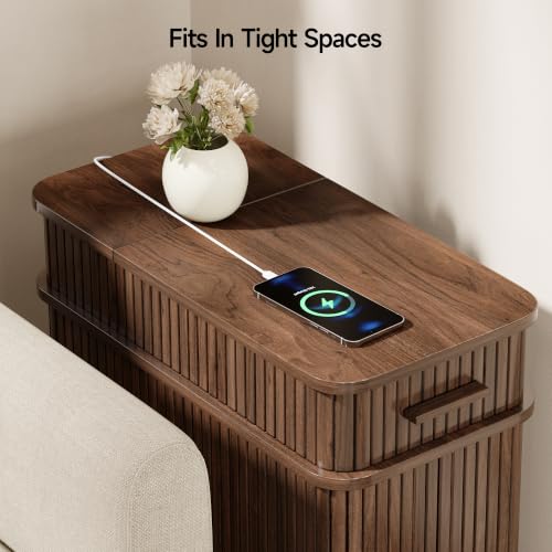 Fluted End Table with Charging Station, Narrow Side Table with Drawers, Wood Skinny Nightstand with Storage, Mid-Century Modern Bedside Tables for Small Space Living Room Bedroom Sofa Couch - color: Walnut