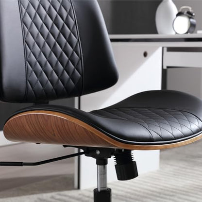 Home Office Chair No Arms with Wheels, Mid Back Walnut Style,Black-2 | Adjustable Height Small Desk Chair, PU Leather Mid Back 360 Swivel Computer Seating, Armless Walnut Office Chair, 300LBS - color: Black, size: MCM Style-2Pack