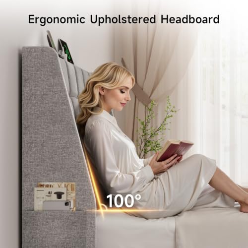 Ergonomic Upholstered Full Size Headboard w/Charging Station, Linen Wingback Headboards w/Storage Pocket, Full Headboard Only, Bed Frame Adapters, Sturdy Solid Wood Bed Head Board, Light Grey - color: Gray, size: Full
