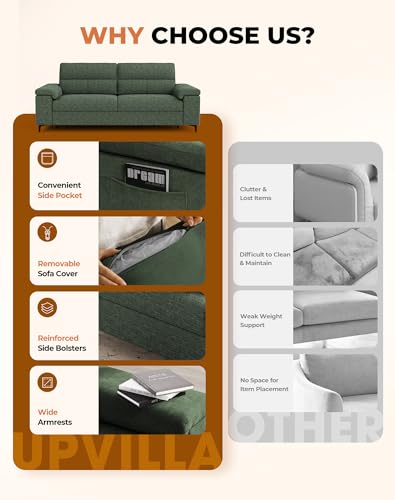 Upvilla 88.97" Modern Sofa Couch Deep Seat Sofa for Living Room(Green) | 8”Cushion, Comfy 2-Seater Chenille Loveseat with Convertible Armrest, Removable Sofa Cover, High Leg - color: Green, size: 88.97" Couch