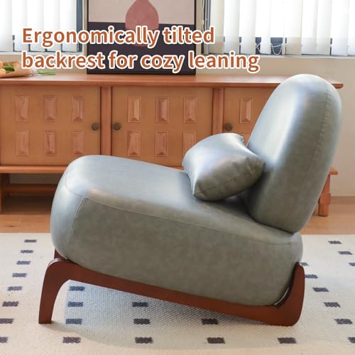 KEIKI Cute Comfy Accent Chair with Solid Wood Legs, Faux Leather Upholstered Single Sofa Chair for Living Room, Bedroom, Balcony, or Waiting Room, Cozy Armless Cloud Chair, Blue - color: Blue