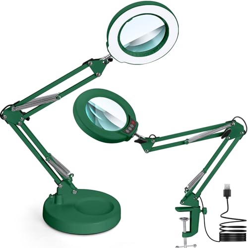 12X Magnifying Glass with Light and Stand, Upgrade Button 5 Color Modes Stepless Dimmable, 2-in-1 LED Lighted Magnifier Light, Hands Free Desk Lamp with Clamp for Craft Hobby Close Work - Green - color: Green, size: 12X 17.8inch Base & Clamp