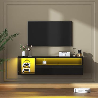 DlandHome 39.3" W Floating TV Stand with LED, Wooden Entertainment Center | Wall-Mounted Media Console, Floating Shelf for Under TV Wall Mount with Storage Shelves for Bedroom Living Room, Black - size: 39.3'' Black