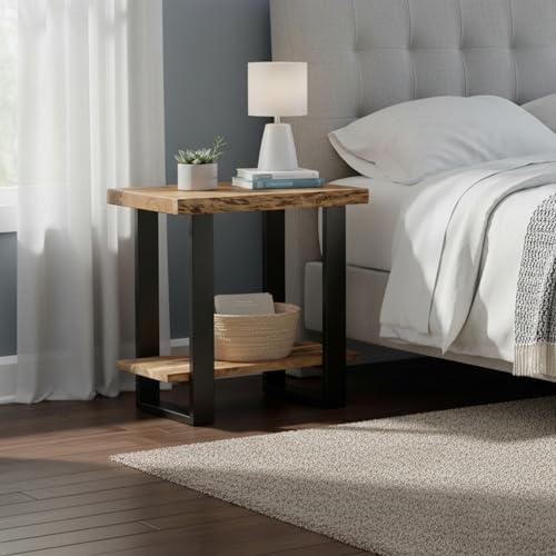 Alaterre Furniture Alpine 2-Tier End Table with Storage Shelf, 27”x17”x27” | Solid Acacia Wood Side Table with Live Edge Design and Metal Frame, Modern Nightstand or Accent Table for Living Room - size: 27"W 2-Tier