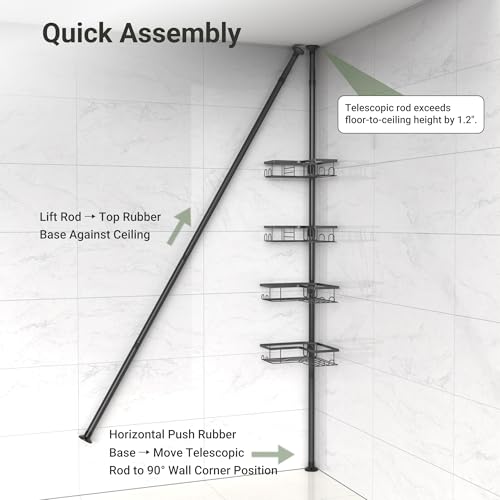 ViviDreamore Corner Shower Caddy Tension Pole, 4-Tier Organizer | Tall Shower Caddy with Corner Shelves, Rustproof Bathroom Shower Organizer for Inside Shower