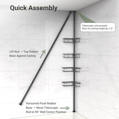 ViviDreamore Corner Shower Caddy Tension Pole, 4-Tier Organizer | Tall Shower Caddy with Corner Shelves, Rustproof Bathroom Shower Organizer for Inside Shower