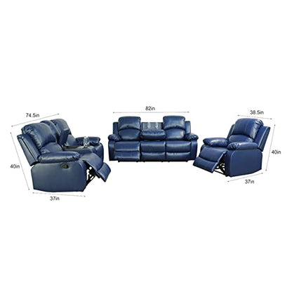 A Ainehome Living Room Furniture Set Leather Recliner Sofa Set Loveseat Chair Furniture Sofa Set for Living Room/Small Space/Rv/House/Office/Theater Seating (A-Blue Leather, 3 Piece Set) - color: A-blue Leather, size: 3 piece set