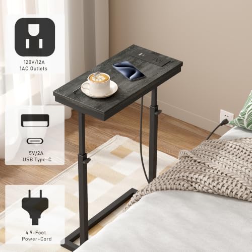 TUTOTAK End Table with Charging Station, Side Table, Tall Couch Table | Sofa Table, for living Room, Bedroom, Grey TB01BY084 - color: Grey, size: 1 Pack, style: With Plug