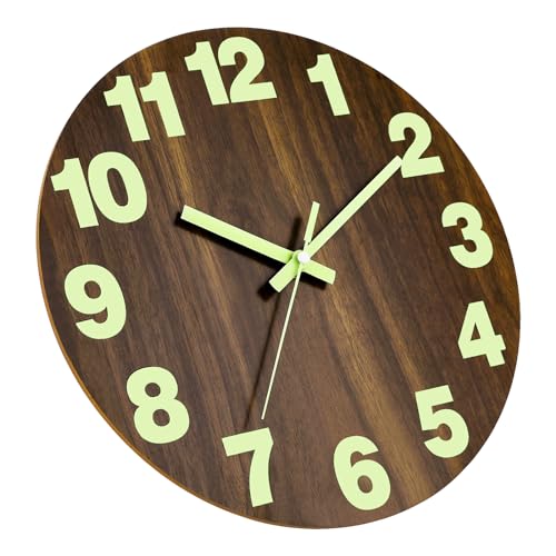 Plumeet Night Light Wall Clock, 16 Inch Wooden Glow in the Dark Clock for Bedroom, Extra Large Silent Lighted up Wall Clock Luminous Numerals and Hands, Battery Operated for Living Room/Kitchen, Brown