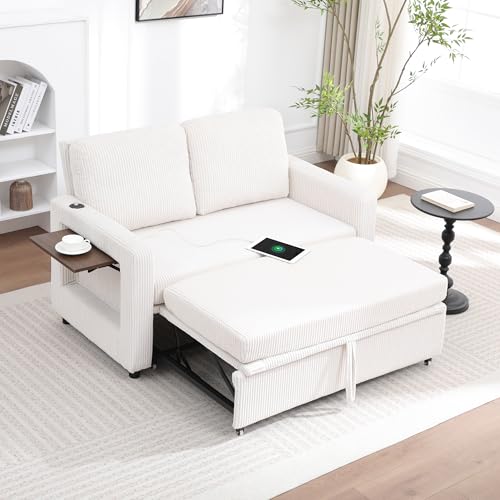 3 in 1 Folding Convertible Sleeper Sofa Bed Pull Out Couch with Side Pockets USB Port Side Table Loveseat Sofa Bed with Adjustable Backrest for Living Room Bedroom 66" Beige 2 SEAT - color: Beige, size: 2 SEAT