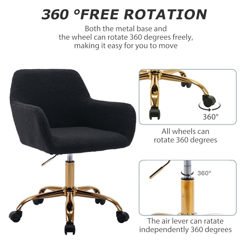 Faux Fur Office Desk Chair, Comfy Swivel Armchair with Wheels, Upholstered Fuzzy Vanity Chair, Adjustable Seat Height, Black | Fluffy Swivel Modern Armchair Upholstered Fuzzy Height Adjustable for Teens Women Girls Elegant for Living Room Bedroom - color: