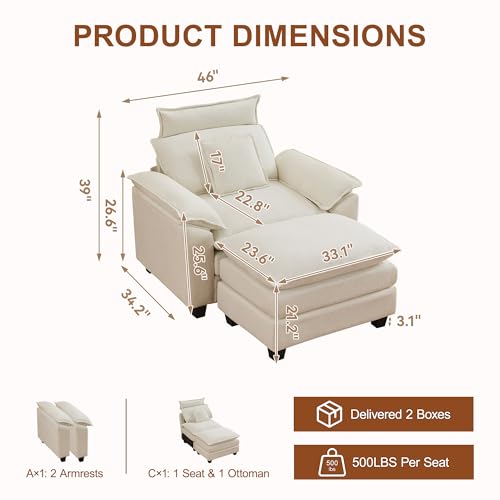 46'' Oversized Chaise Lounge with Ottoman, Cloud Deep Seat Accent Sofa Chair with Detachable Headrest, Double Thicked Cushion Lounge Armchair for Living Room, Bedroom, Beige - color: Beige, size: Chaise Lounge Chair