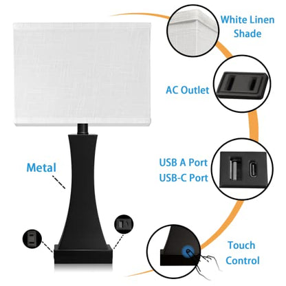 OYedis Table Lamp for Bedroom 3-Way Dimmable Touch Control Bedside Lamp with USB A+C Port & AC Outlet 21.6" Tall Nightstand Lamp for Living Room Office and Hotel Bulb Included - color: Black