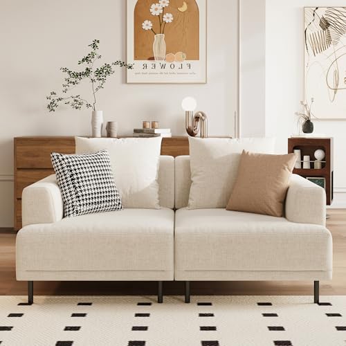Upholstered Fabric 2-Seater Sofa Couch with Low Back, Beige | 66.1" Mid-Century Modern Loveseat with Wide Armrest, Metal Legs & Breathable Cushion, Suitable for Living Room, Bedroom - size: 66.1inch-2Seats