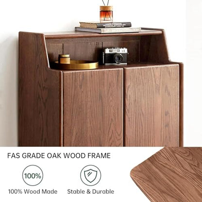 Solid Wood Shoe Cabinet with Doors, 4-Tier Adjustable Shelves Shoe Storage Organizer, Mid Century Modern Entryway Cabinet for Hallway Living Room, 14 Pairs Oak Wood Rack, 13.8" x 31.5" x 43.3", Walnut
