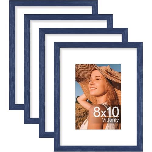 Vittanly 8x10 Picture Frames Set of 4, for Wall or Tabletop, Denim Blue | Display Pictures 5x7 with Mat or 8x10 without Mat, Engineered Wood with Shatter Resistant Plexiglass, Wall Gallery Frames - color: Denim Blue, size: 8x10