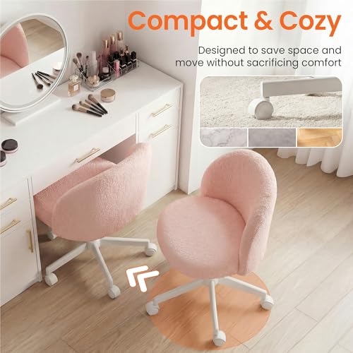 NEO Chair Office Vanity Chair with Wheels Comfy Desk Chair for Girls Cute Computer Small Armless Adjustable Height Swivel for Home Bedroom Task (Teddy Pink) | Soft Fleece Fabric with Supportive Curved Back, 360° Swivel, Cozy Comfort for Makeup, Computer,