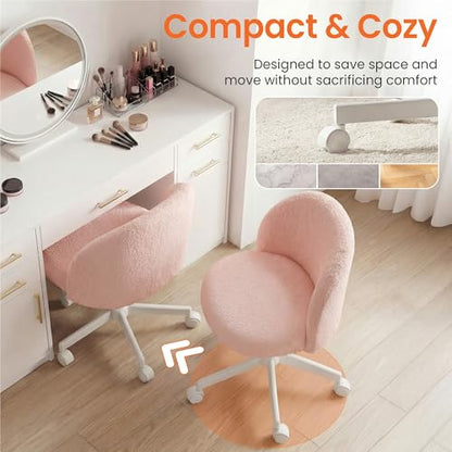 NEO Chair Office Vanity Chair with Wheels Comfy Desk Chair for Girls Cute Computer Small Armless Adjustable Height Swivel for Home Bedroom Task (Teddy Pink) | Soft Fleece Fabric with Supportive Curved Back, 360° Swivel, Cozy Comfort for Makeup, Computer,