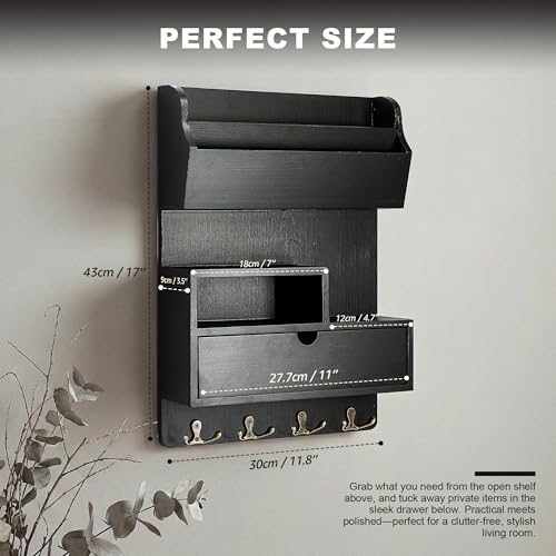 Rebee Vision Key Holder Wall Mount with Drawer for Home Decor, Black | Pine Wood Mail and Key Organizer, 4 Key Hooks, Sorts Letters and Small items, Mail organizer Adds Modern Apartment Charm - color: Black
