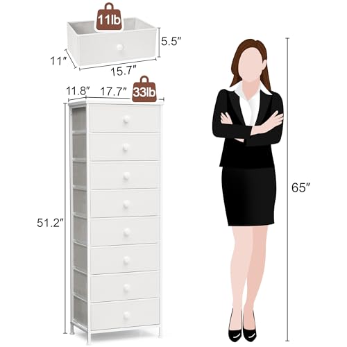 Fabric Dresser for Bedroom, 8 Drawer Tall Vertical Skinny Tower (White) | Wooden Top, Steel Frame, Easy Pull Bin,Organizer Unit for Living Room, Hallway, Entryway, Nursery, Closets - color: White, style: Narrow-8 Drawers