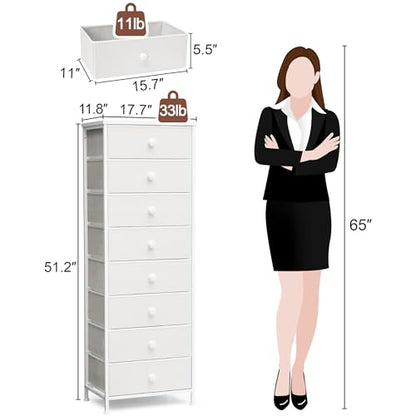 Fabric Dresser for Bedroom, 8 Drawer Tall Vertical Skinny Tower (White) | Wooden Top, Steel Frame, Easy Pull Bin,Organizer Unit for Living Room, Hallway, Entryway, Nursery, Closets - color: White, style: Narrow-8 Drawers