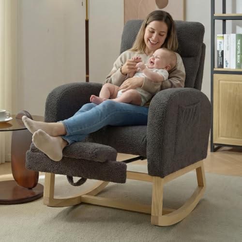 NIOIIKIT Modern Nursery Rocking Chair, Teddy Upholstered Rocking Chair with Footrest, Comfortable Rocker Chair with Side Pocket, Rocker Chair for Living Room, Bedroom, Nursing Room (Grey) - color: Grey