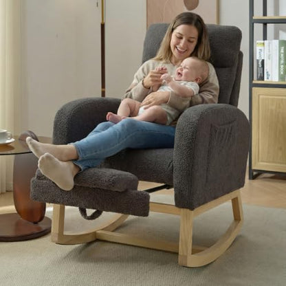NIOIIKIT Modern Nursery Rocking Chair, Teddy Upholstered Rocking Chair with Footrest, Comfortable Rocker Chair with Side Pocket, Rocker Chair for Living Room, Bedroom, Nursing Room (Grey) - color: Grey